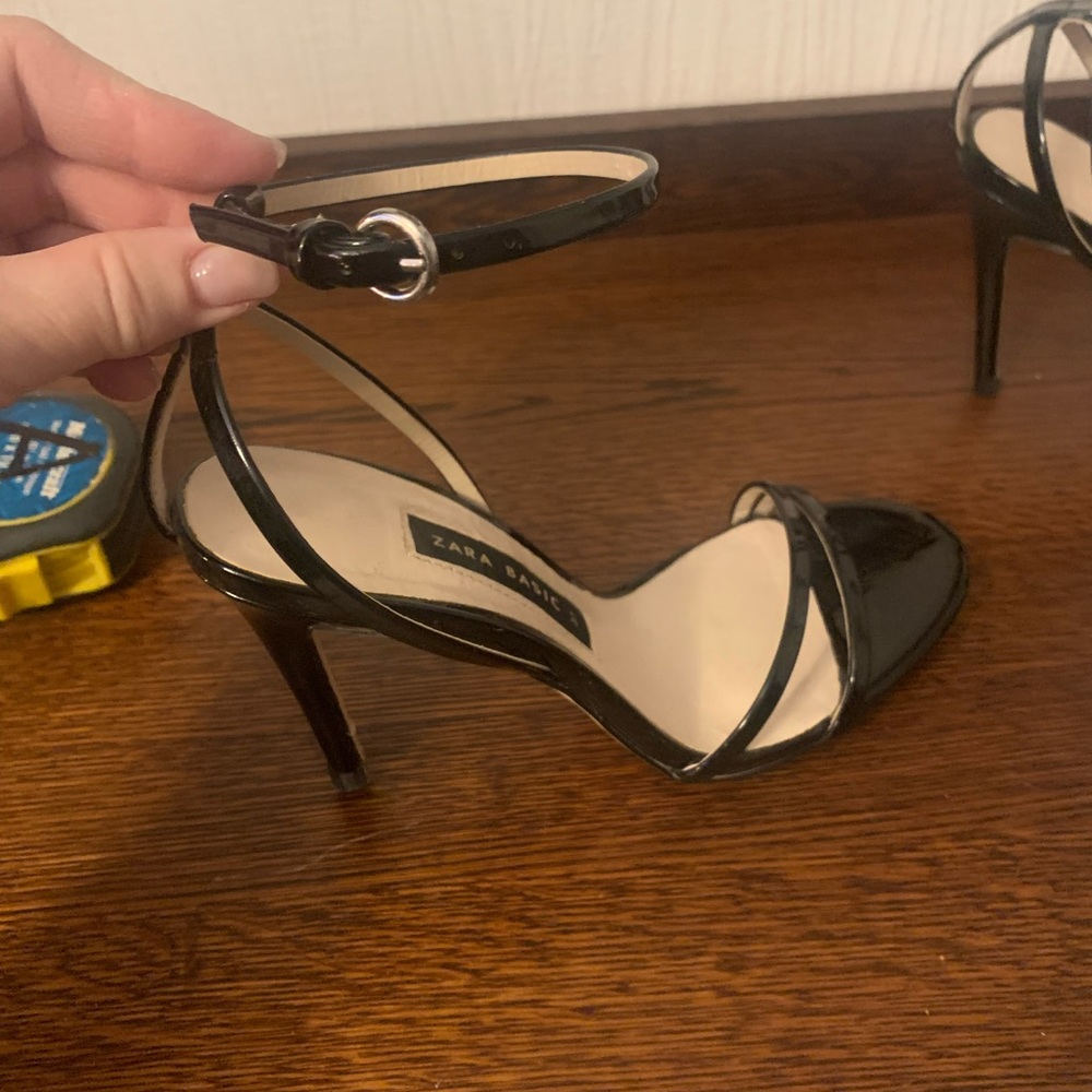 Zara Black Patent Leather Strappy Ankle‑Buckle Heels